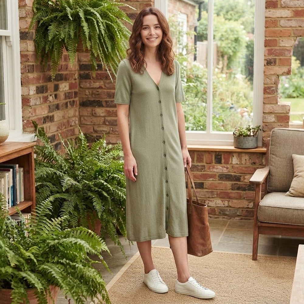 J. Jill Sage Green Linen Blend Button Front Short Sleeve Knit Midi Dress M